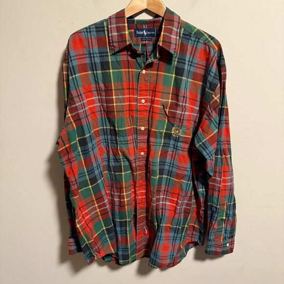 Vintage Polo Ralph Lauren Crest Logo Shirt Red Tartan Plaid Button Down- Size XL - Picture 2 of 6